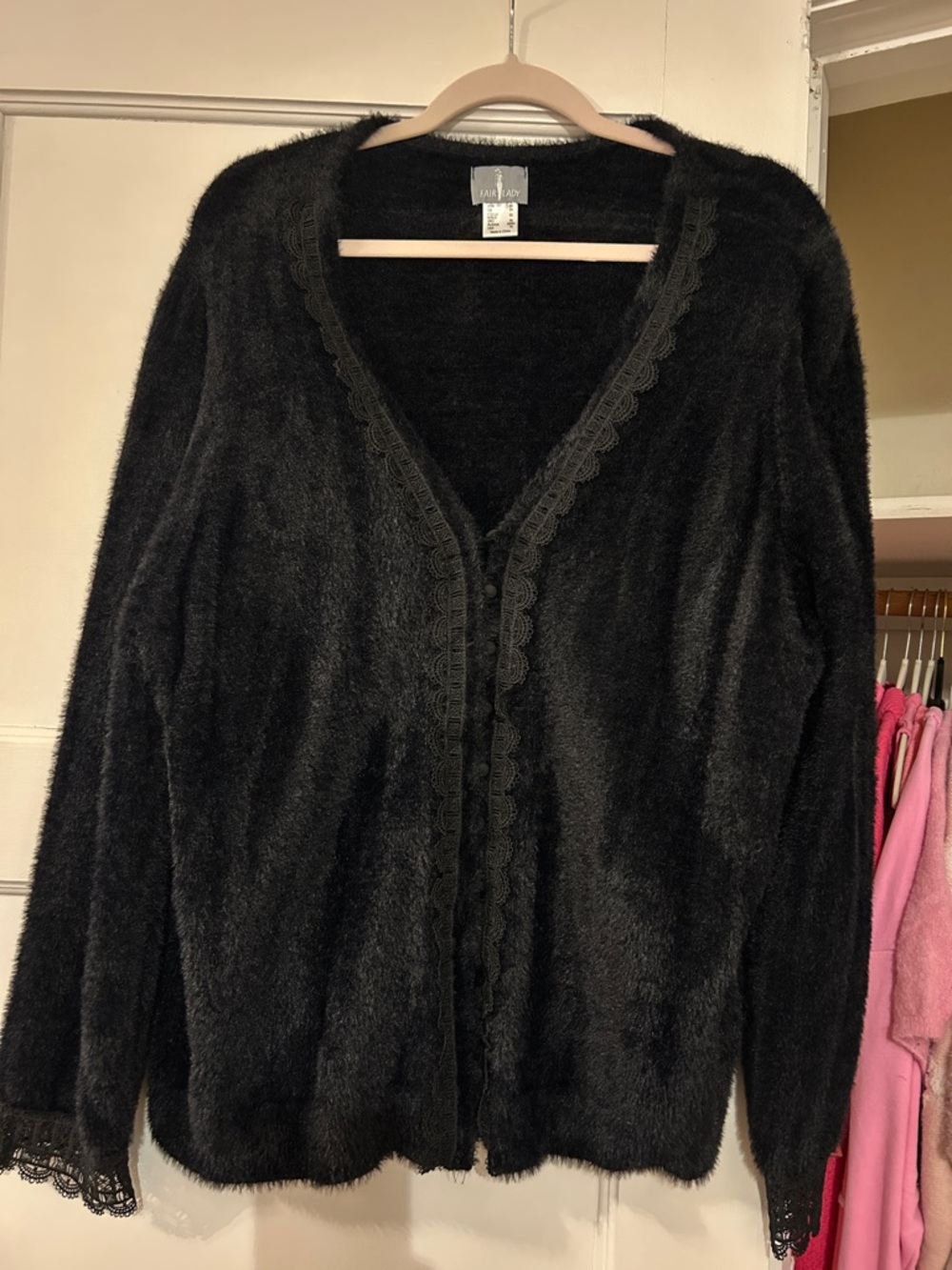 Black Lace-Trim Fuzzy V-Neck Cardigan